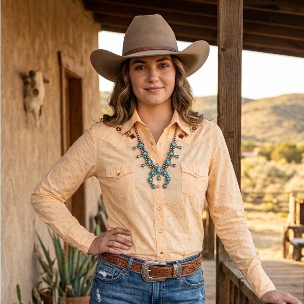 Roxy Cream Casual Button Down Shirt with Embroidered Yoke